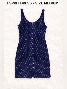 Esprit Navy Blue Polka Dot Button-Front Tank Dress